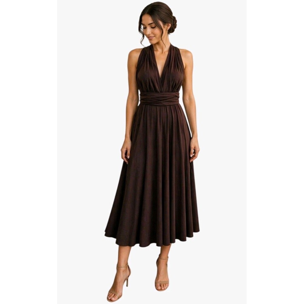 Dessy Collection Infinity Wrap Dress Brown Midi Bridesmaid Multiway Twist Size S